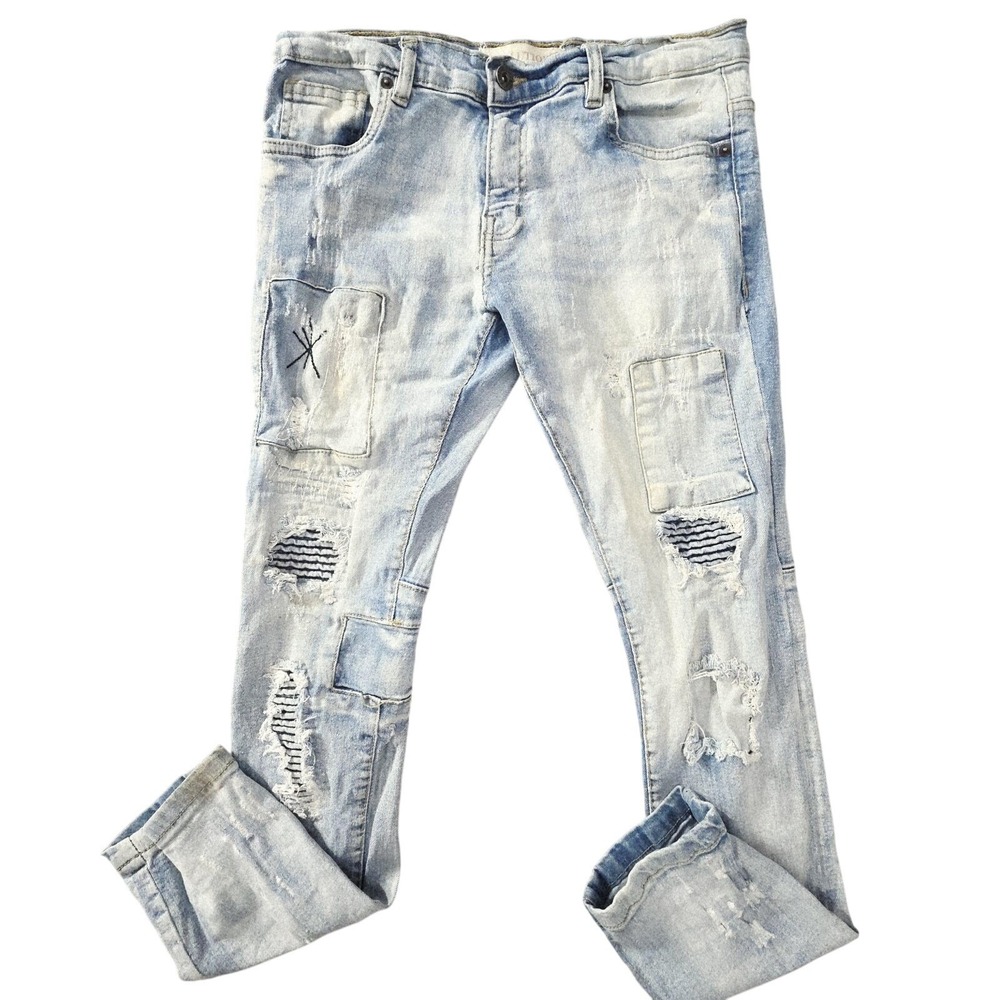 Evolution In Design Distressed Moto Jeans Boys 20 Light Blue Ripped Patchwork